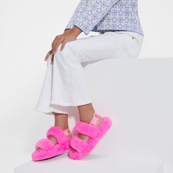 UGG Oh Yeah Fluffy Sheepskin Slingback Slide Sandals Taffy Pink Size 6 NWOB - Picture 1 of 8